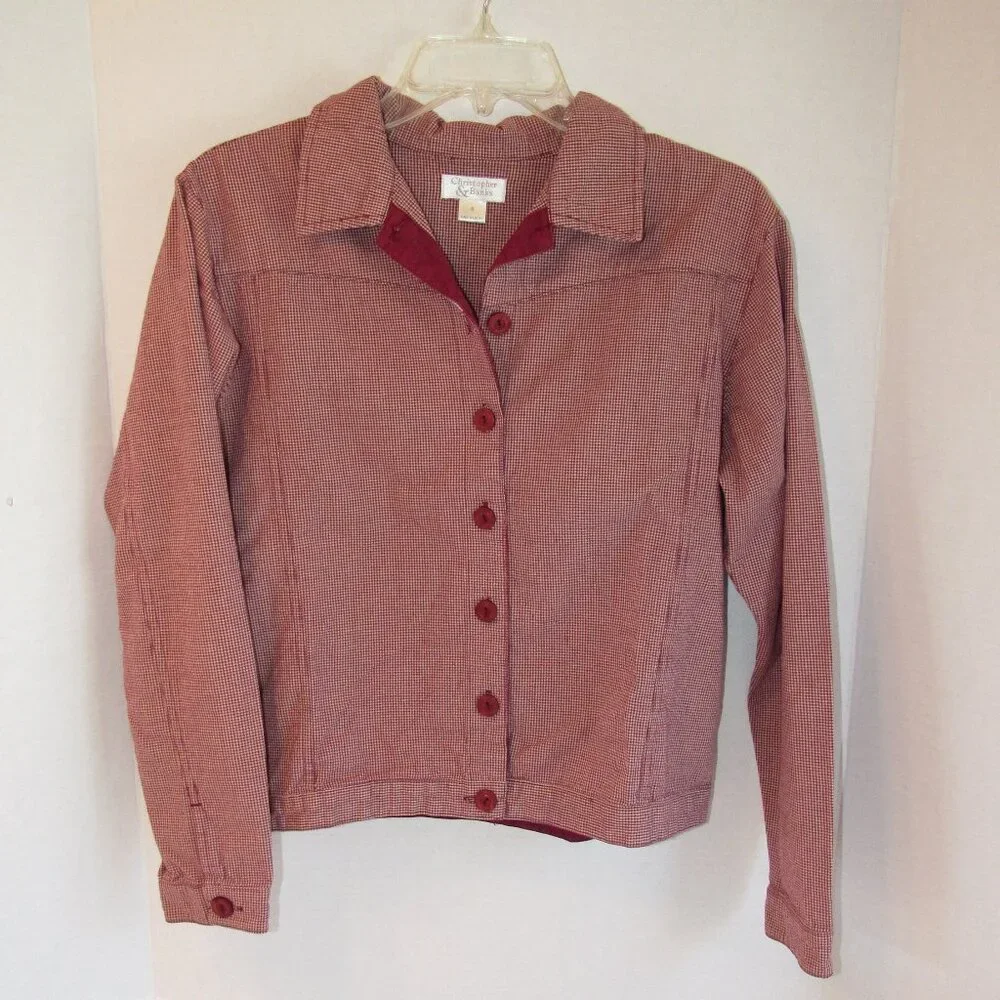 Christopher & Banks Burgundy Gingham Checked Button Up Lightweight Jacket Size S
